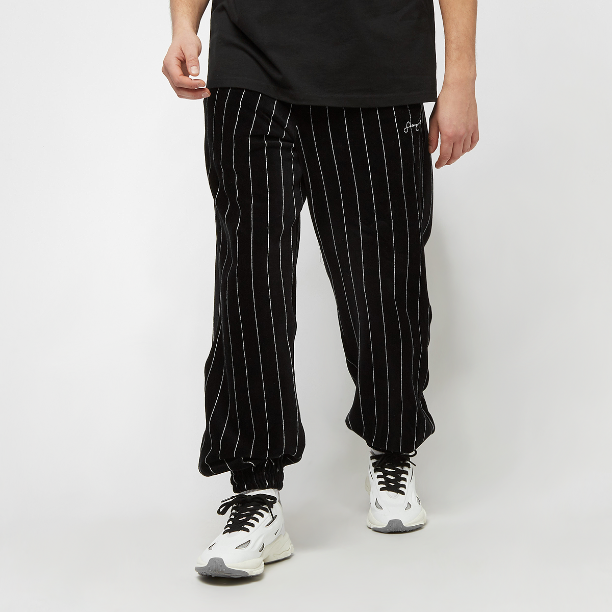 sean john script logo pinstripe  velours trackpants, pantalons de survêtement, vêtements, black/white, taille: xl, tailles disponibles:m,l,xl