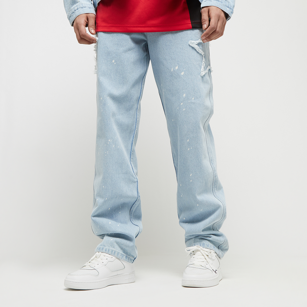 karl kani og baggy five pocket paintsplatter denim bleached, pantalons en jean, homme, blue/white, taille: 30, tailles disponibles:30,32,34,36