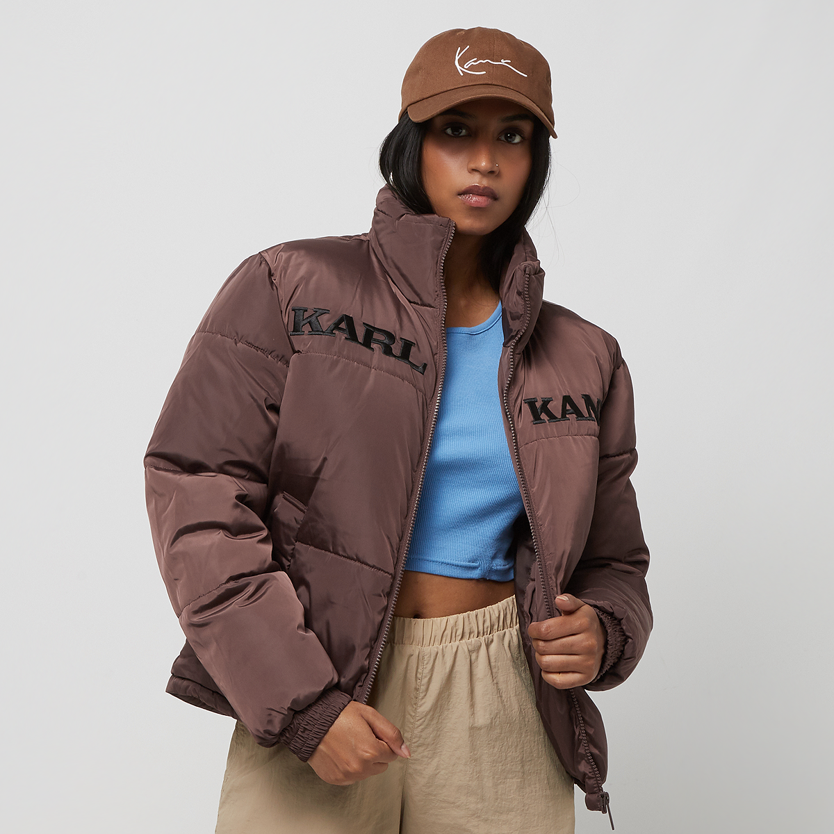 karl kani retro essential puffer jacket, doudounes, vêtements, dark brown, taille: m, tailles disponibles:xs,m,l